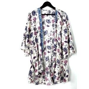 Maurices Womens Floral Cream Open Front Lightweight Cardigan Kimono Sz L 1335U2